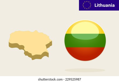 3D Map of Lithuania.Vector - Lithuania Flag Glossy Button