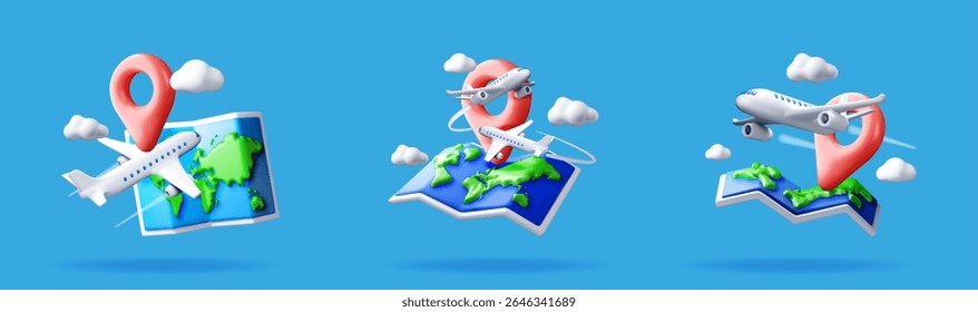 Mapa 3D com pino de localização e avião. Planejamento de viagem global e conceito de navegação de viagem para destino de férias.