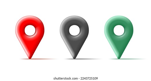 3D map location pin pointer icons set in red green and black colors. Isolated on a white background.