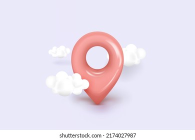 3D map location point marker of map or navigation pin icon sign on isolated cloud background. 3d pin navigation is pastel color with shadow on cloud map direction. 3d GPS pin vector render