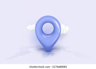 3D Map Location Point Marker Of Map Or Navigation Pin Icon Sign On Isolated Cloud Background. 3d Pin Navigation Is Pastel Color With Shadow On Cloud Map Direction.3d GPS Pin Vector Render Illustration