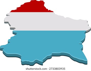 Mapa 3D de Luxemburgo con el diseño de la bandera nacional tricolor (rojo, blanco y azul claro), que representa la geografía europea y el territorio del Gran Ducado (recortado)