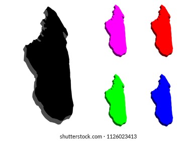 3D map of Madagascar (Republic of Madagascar) - black, red, purple, blue and green - vector illustration