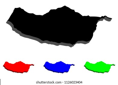 3D map of Madeira - black, red, blue and green - vector illustration