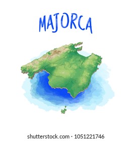 3D Map of Majorca - Balearic Islands - Spain, Vector Illustration, Topographic Version. Use for Travel Marketing and Print Production.