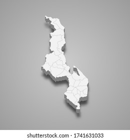 3D-Karte von Malawi mit den Grenzen der Regionen