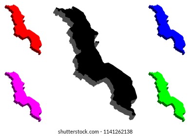3D map of Malawi (Republic of Malawi) - black, red, purple, blue and green - vector illustration