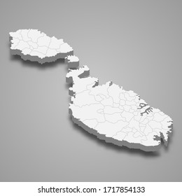 Mapa 3d de Malta con fronteras de regiones