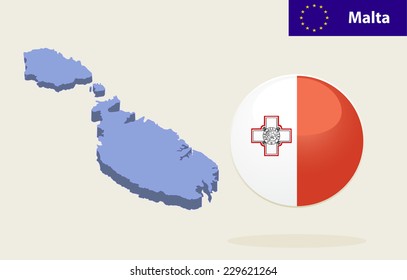 3D Map of Malta. Vector - Malta Flag Glossy Button