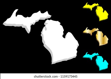 3D map of Michigan (United States of America, The Great Lake State) - white, yellow, blue and gold - vector illustration