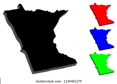 3D map of Minnesota (United States of America, Land of 10,000 Lakes) - black, red, blue and green - vector illustration