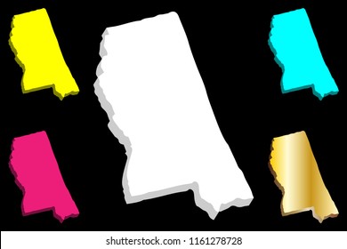 3D map of Mississippi (United States of America, The Magnolia State) - yellow, purple, blue and gold - vector illustration