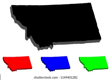 3D map of Montana (United States of America, Big Sky Country) - black, red, blue and green - vector illustration