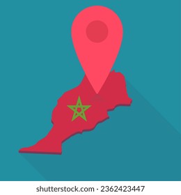 3D map of Morocco in the colors of the Moroccan flag in a flat design style on which a red map marker is positioned to indicate a geographic location