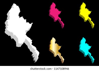 3D map of Myanmar (Republic of the Union of Myanmar, Burma) -  white, yellow, purple, blue and gold - vector illustration