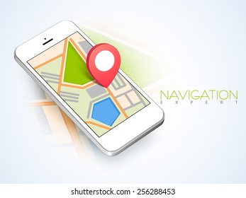 3D map navigation pin pointing to a map on smart phone on abstract background.