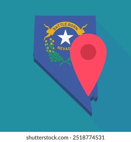 3D map of Nevada in the colors of the Nevada state flag in a flat design style on which a red map marker is positioned to indicate a geographic location