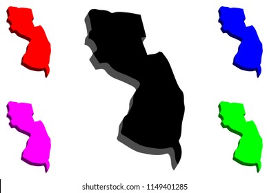 3D map of New Jersey (United States of America, The Garden State) - black, red, purple, blue and green - vector illustration