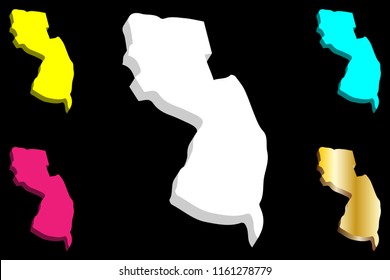 3D map of New Jersey (United States of America, The Garden State) - white, yellow, purple, blue and gold - vector illustration