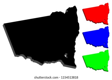 3D map of New South Wales (Australian states and territories, NSW) - black, red, blue and green - vector illustration