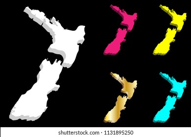 3D map of New Zealand (Aotearoa) - white, yellow, purple, blue and gold - vector illustration