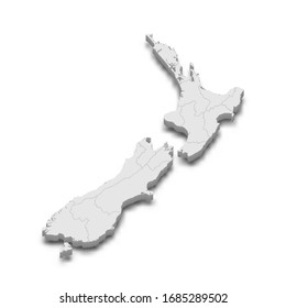 3d map of New Zealand with borders of regions