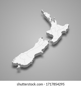 3d map of New Zealand with borders of regions