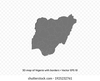 3D map of Nigeria with borders isolated on transparent background, vector eps illustration