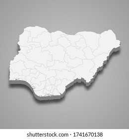 3d map of Nigeria with borders of regions
