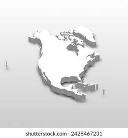 3D map of North America continent. Extruded white vector map with dropped shadow on light gray background.