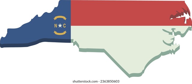 Mapa 3D de Carolina del Norte en los colores de la bandera del estado de Carolina del Norte en estilo de diseño plano recortado