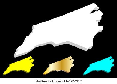 3D map of North Carolina (United States of America, Old North State) - white, yellow, blue and gold - vector illustration