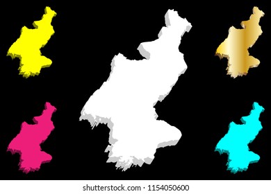 3D map of North Korea (Democratic People's Republic of Korea, DPRK, PRK, DPR Korea, Korea DPR) -  white, yellow, purple, blue and gold - vector illustration