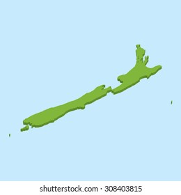 A 3D map on blue water background of  NewZealand