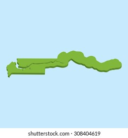A 3D map on blue water background of  Gambia
