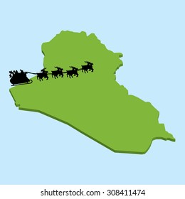 A 3D map on blue water with Santa background of  Iraq