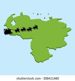 A 3D map on blue water with Santa background of Venezuela