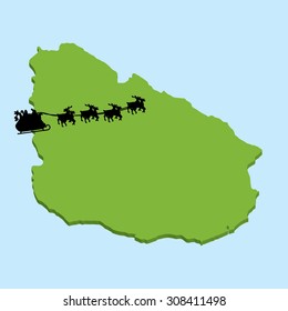 A 3D map on blue water with Santa background of  Uruguay