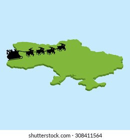 A 3D map on blue water with Santa background of  Ukraine