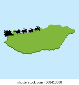 A 3D map on blue water with Santa background of  Hungary