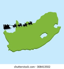 A 3D map on blue water with Santa background of  South Africa
