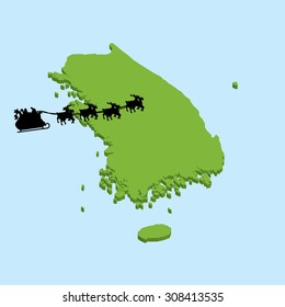 A 3D map on blue water with Santa background of  South Korea