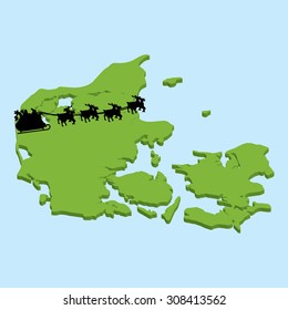 A 3D map on blue water with Santa background of  Denmark