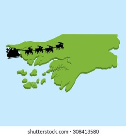 A 3D map on blue water with Santa background of Guinea Bissau
