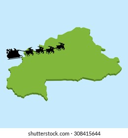 A 3D map on blue water with Santa background of Burkina Faso