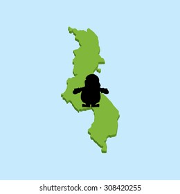 A 3D map on blue water with Santa background of Malawi