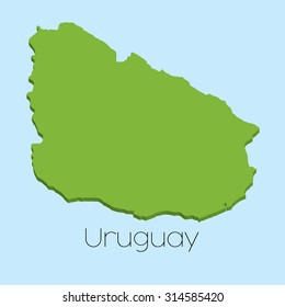 A 3D map on blue water background of Uruguay
