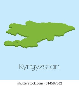 A 3D map on blue water background of Kyrgyzstan