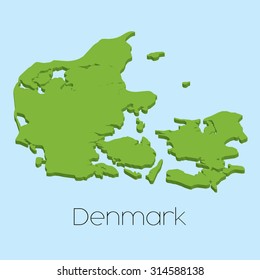 A 3D map on blue water background of Denmark