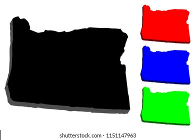 3D map of Oregon (United States of America, The Beaver State) - black, red, blue and green - vector illustration